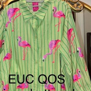 Queen of Sparkles Green/pink Striped button down Shirt with Pink Flamingos